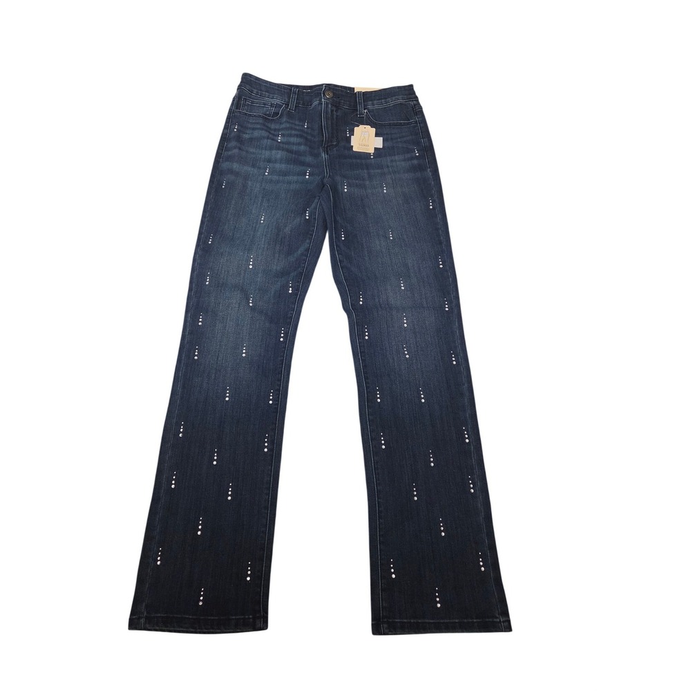 St Johns Bay Secretly Slender Straight Leg Rhinestone Jeans Dark Wash 8 NEW